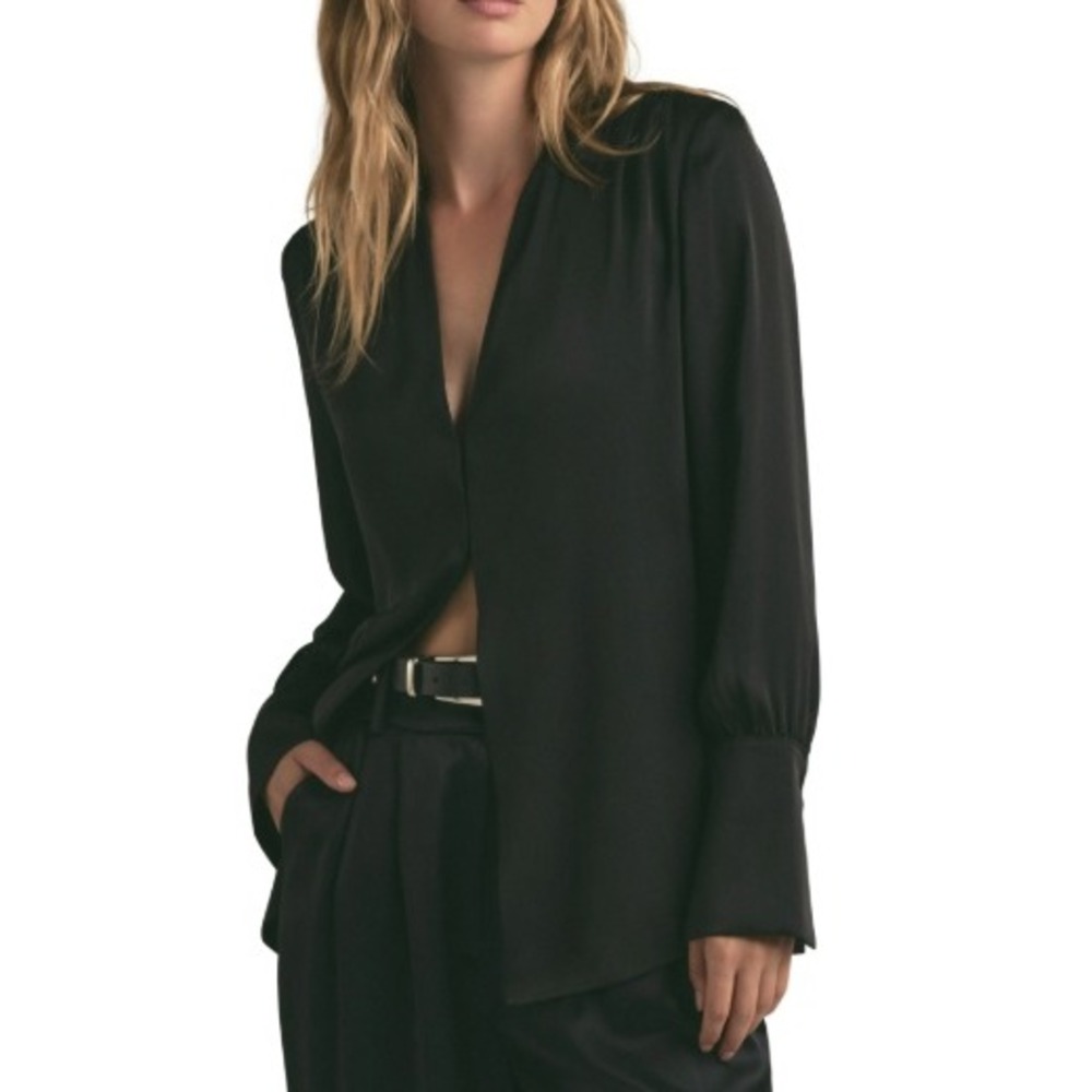Favorite Daughter Izzy Fluted Sleeve Satin Black Blouse Top Small Ret. $275 Moto